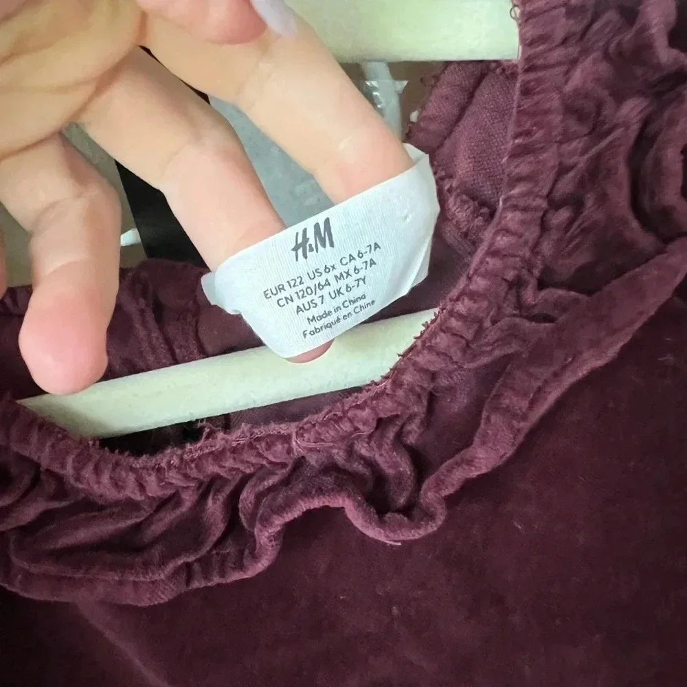 H&M kids girls velvet dress burgundy long sleeve holidays ruffles shift formal